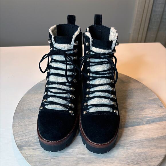 Jeffrey Campbell Black Suede Shearling Lace-Up Lug Sole Boots Women’s Size 7 - Picture 4 of 10